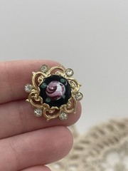 Small Painted Rose Cabochon and Rhinestone Brooch Lapel Pin
