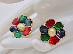 Vtg Clip Earrings 1980s-1990s Red Green Blue Floral w Faux Pearls Enamel Pretty