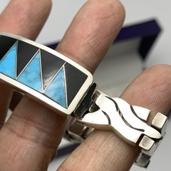 VTG Sterling Silver Turquoise Inlay TR-110 Mexico Hinged Link Bracelet
