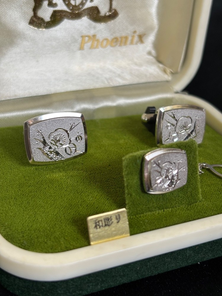 Vintage Phoenix Japanese Wabori Plum Blossom Cufflinks & Tie Clip Set w/ Origina