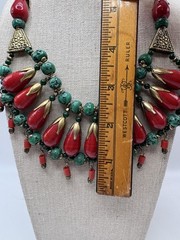 Vintage Tribal Boho Statement Necklace Brass Green Stone Red Glass