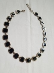 Vintage 1970s Black and Cream Enamel Geometric Necklace Reversible Silvertone