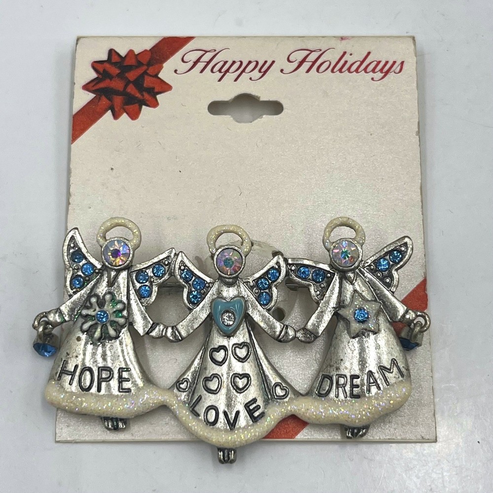 Vintage Silver Tone Three Angels Brooch Pin Hope Love Dream Blue Crystal Enamel