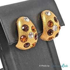 VTG 80s Jackie Collins Dome Half Circle Rhinestone Gold Tone Clip On Earrings