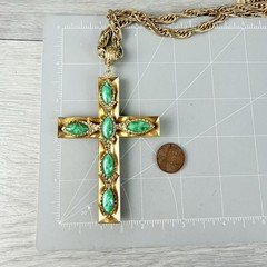 Vintage Whiting Davis Gold Tone Chunky Cross Faux Stones Long Pendant Necklace