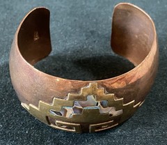 VINTAGE MEXICO COPPER BRASS & ABALONE INLAY CUFF BRACELET