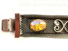 Metal Mesh Bracelet Lucite Foil Faux-Opal Cabochons Silvertone Vintage 60s