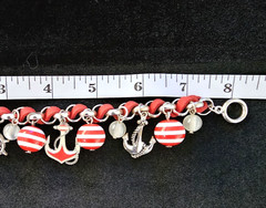 Vtg Nautical Charm Bracelet Red White Glass Beads Enamel Suede Anchor 8″ Beach