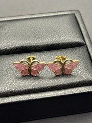 Vintage Gold Sterling Silver Pink Enamel Butterfly Earrings G22