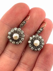 Antique Victorian Old Mine Cut Diamond Cluster Pearl Earrings 14K Gold & Silver