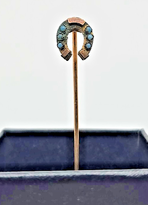 Antique Victorian 9k Gold Horseshoe Stick Pin Blue Glass Paste Lucky Talisman 1g