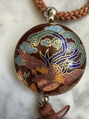 Vintage Cloisonne Enamel Phoenix Bird Pendant Necklace Brown Silk Cord Tassel