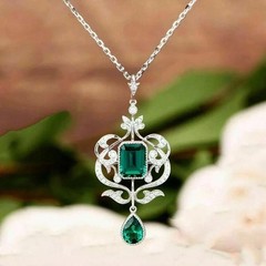 Art Deco Style Party Wear Emerald Lab Created Diamond 14k White Gold FN Pendant