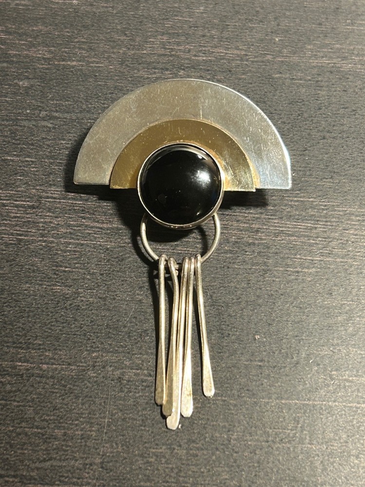 Art Dec 925 Sterling Silver Vintage Cabochon Cut Black Onyx 2 Tone Brooch Pin