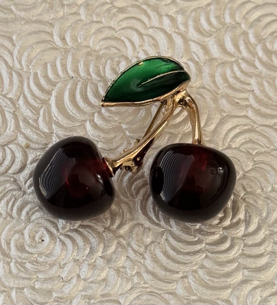 Vintage style Cherry brooch enamel on metal