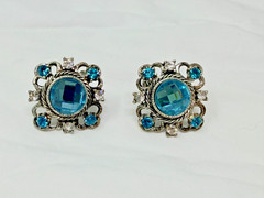 Beautiful Light Blue Clear Rhinestone 1-1/8″ Long Clip on Earrings
