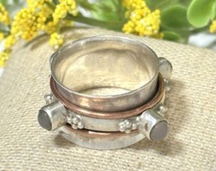 Vtg Sterling Silver 925 Moonstone Copper Spinner 13mm Wide Band Ring Size 7.5