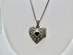 BLACK ONYS AND MARCASITE STERLING SILVER LOCKET PENDANT NECKLACE 18.5 INCH