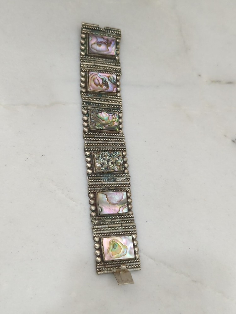 Alpaca MOP Silver Wide Bracelet Signed EGS GUAD JAL, HECHO EN MEXICO