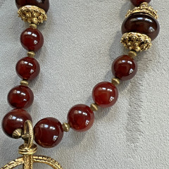 VTG SIGNED KENNETH LANE CARNELIAN RED AMBER GLASS BEAD PENDANT NECKLACE RARE 33″