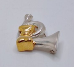 Vintage French Horn Bugle Brooch Instrument Music Silver Tone Gold Tone Bow