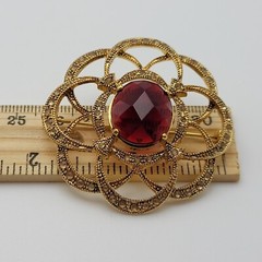 Vintage Monet Flower Brooch Gold Tone Clear And Red Rhinestone 45 mm Signed