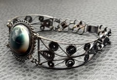 Vintage 800 Silver Filigree Operculum Shell Bracelet Art Deco Style