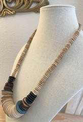 Vintage Wood Disc Brown Blue Statement Barrel Clasp Necklace
