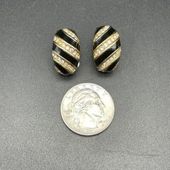 Vtg Christian Dior Black Enamel Crystal Pave Clip Earrings Gold Tone Swirl 80’s