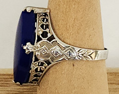 Antique Art Deco Marquise Shape Lapis Lazuli Sterling Silver Filigree Ring 6.5