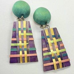Vtg Big 80’s Wearable Art Statement Earrings Wood Basket Weave Purple Green Drop