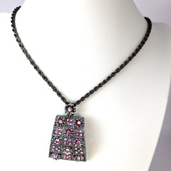 AB Rhinestone Pendant Necklace Aurora Borealis AB Gunmetal Windowpane Floral 28″