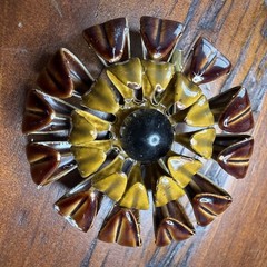 Vintage 1960s Enamel Flower Brooch Pin Brown Mustard Yellow Black 1.5”
