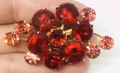 Beautiful Cherry Red Dentelle & Pink Rhinestone Brooch Layered Vintage Jewelry