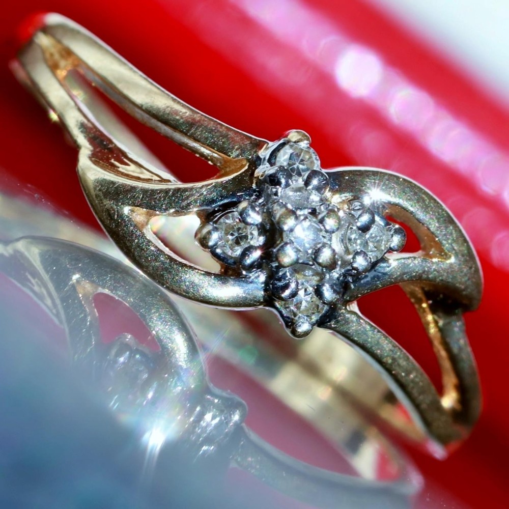 10k yellow gold ring natural diamond size 4.5 swirl vintage handmade 1.10g N3721