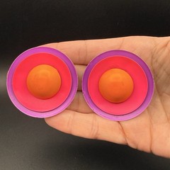 Vintage 80s Neon Color Block Disc Clip On Earrings Purple Pink Orange Statement