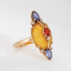 Multi Gemstone Ring Opal Sapphire Diamond Sz 6.5 14k Yellow Gold Cocktail