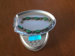ANTIQUE GREEN GUILLOCHE STERLING SILVER BRACELET 8 INCHES LONG 15.5 GRAMS
