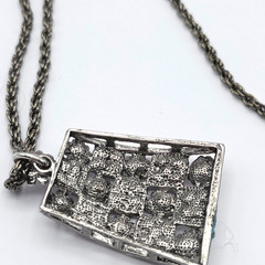 AB Rhinestone Pendant Necklace Aurora Borealis AB Gunmetal Windowpane Floral 28″