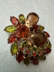 Juliana Rhinestone & Glass Cabochon Autumn Tones Brooch – Almost 2.5” Long