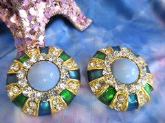 Large Rhinestone Earrings Green Blue Gold Medallion Clip-On Earring NEW