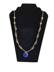 Vtg Womens Fashion Hand Crafted Folk Art Metal Blue Lapis Stone Necklace 15″L