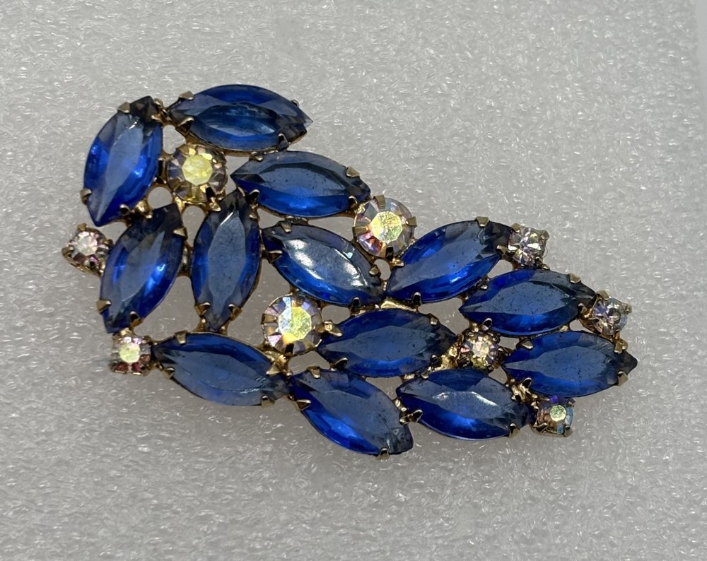 Vintage Blue Navette and Clear Prong-Set Rhinestone Brooch Open Back, Not Signed
