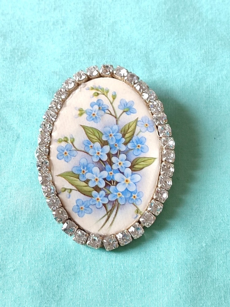 Decoupage Cottagecore Blue Flower Clear Rhinestone Brooch Pin Garden Spring