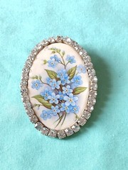 Decoupage Cottagecore Blue Flower Clear Rhinestone Brooch Pin Garden Spring