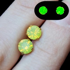 UV Reactive Uranium Glass Yellow Opaline Rhinestone Vintage Brass Stud Earrings