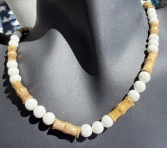Vintage 18″ Hong Kong Goldtone Bamboo And Round White Bead Necklace Hook Clasp