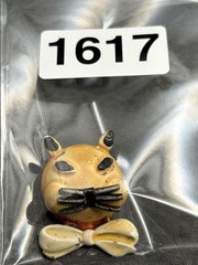 Vintage Unique Cat Face Brooch Pin Painted Enamel Bow Tie Yellow Whimsical