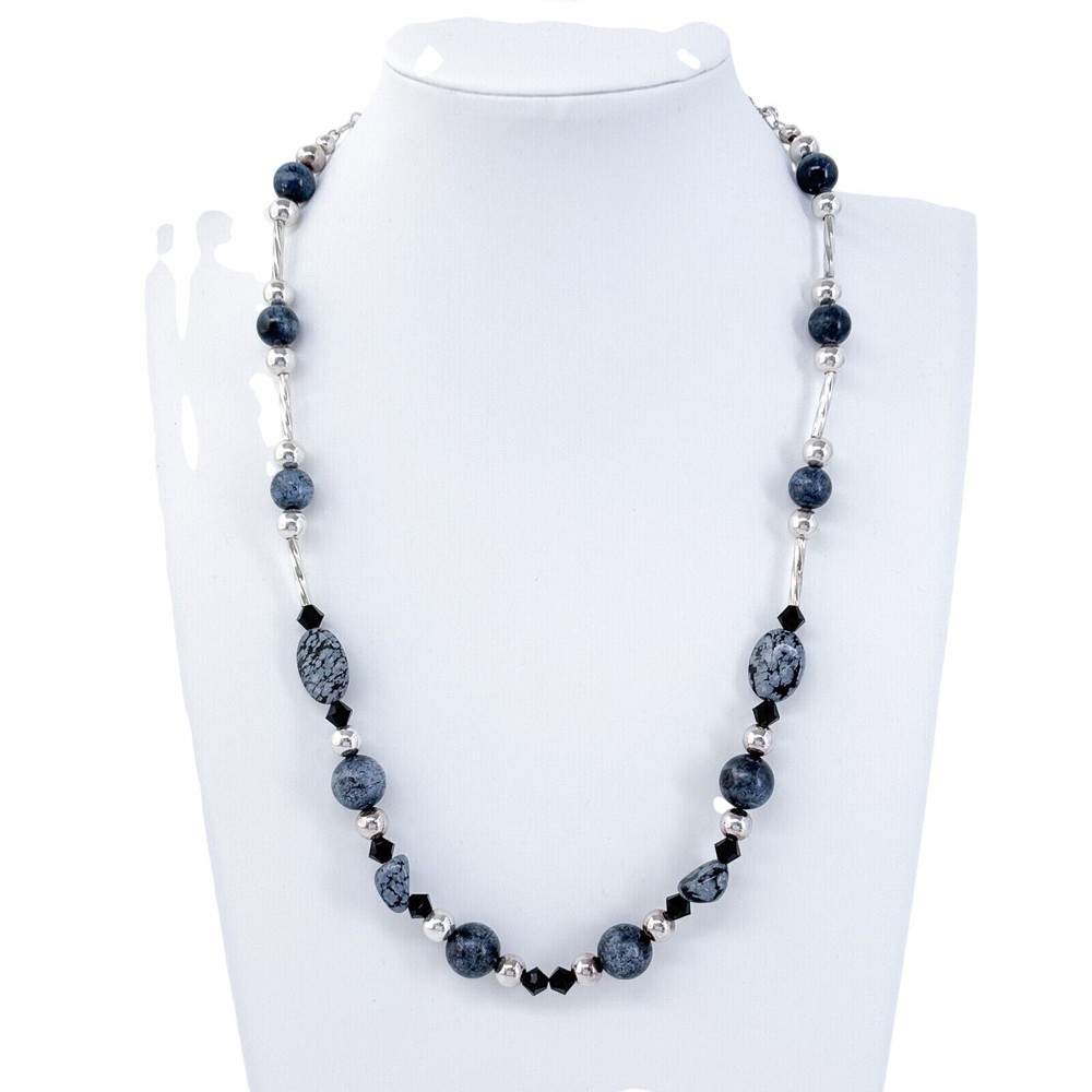 Snowflake Obsidian Glass Bead Necklace | Vintage Sterling Silver 925 | 18.5″