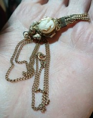 Antique Gold Filled Old/Young Cameo Necklace Double Sided Pendant & Earrings SET